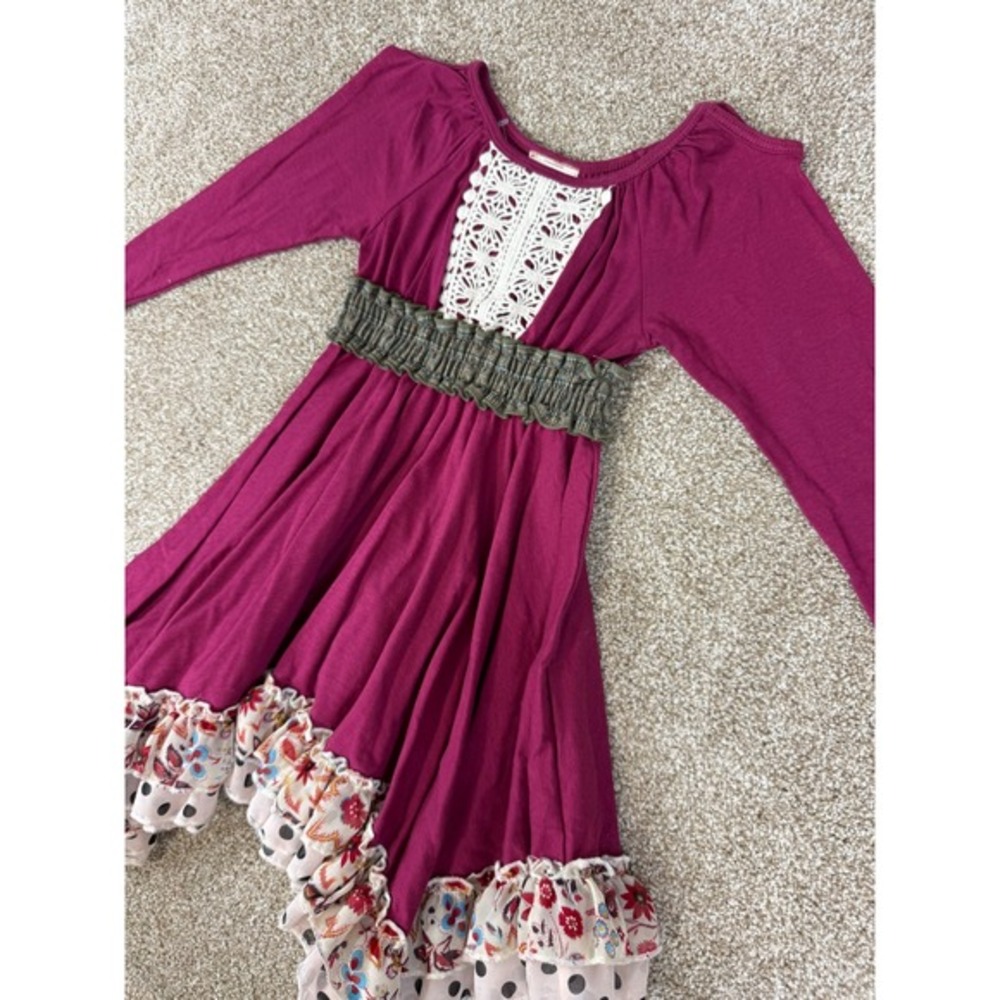 NEW Twigs & Twigs Burgundy Long Sleeve Ruffle Handkerchief Hem Dress Kids Size 4